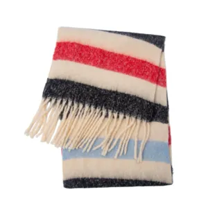 Dettaglio di una morbida sciarpa a righe color crema e rosso con eleganti nappe.