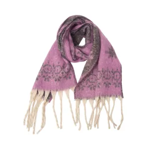 Detailansicht des lila Schneeflocken-Jacquard-Schals mit weicher Textur und Quastenverzierung