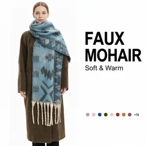 Women Vintage Ethnic Jacquard Scarf Faux Mohair Cashmere Feel Thick Warm Winter Scarf With Tassels Geometric Pattern Shawl