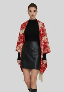 Châle poncho élégant à imprimé lavis rouge avec franges pour la mode automne-hiver