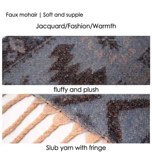 Blue faux mohair jacquard scarf with ethnic pattern and thick braided fringe tassels