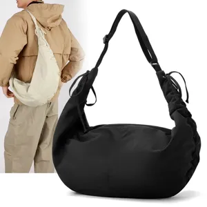 Large capacity nylon crescent crossbody bag with pleated drawstring details for women