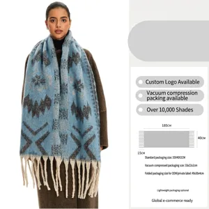 Soft ethnic jacquard scarf with mohair feel and tassels in blue and grey geometric pattern