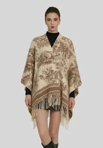 Poncho élégant effet cachemire pour femme avec imprimé artistique de paysage et franges.