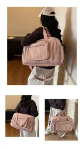 Large capacity pink travel bag for business trips and fitness shown in multiple views