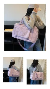 Large lavender travel duffel bag shown in multiple carrying styles on a female model