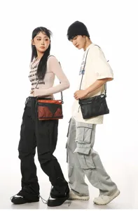 Streetwear unisex crossbody bags in rust red and black for hiking and daily use