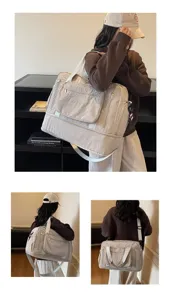 Close-up details of a large capacity beige travel bag with an adjustable strap