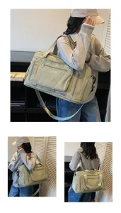 Versatile large capacity travel duffel bag in light green shown in multiple usage views