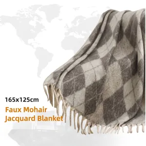 Châle Couverture Jacquard en Faux Mohair Avec Glands Motif Géométrique à Losanges Jeté de Lit Tricoté Doux Chaud pour Canapé Unisexe