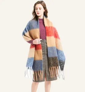 Bufanda de cuadros gruesa de gran tamaño con flecos largos de mohair sintético