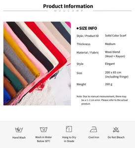 Detail view of solid color viscose cotton scarf specifications and care instructions