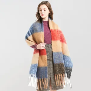 Bufanda de cuadros gruesa y extragrande con borlas, chal de invierno de imitación de mohair