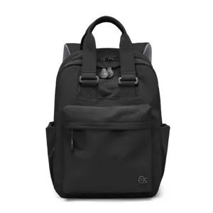 Front view of a minimalist black travel backpack with large capacity and top handles