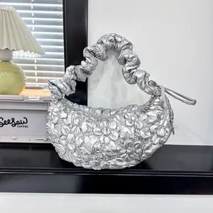 Korean Style Bubble Pleated Cloud Bag Women Quilted Dumpling Bag Shoulder Crossbody Bag Flower Pattern PU Leather Bag