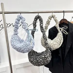 Elegant Korean style bubble quilted cloud shoulder bag in light blue, grey and beige