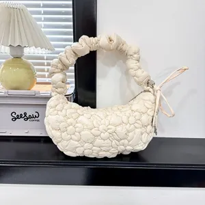 Minimalist puffy pleated floral cloud shoulder bag with scrunchie handle in cream white