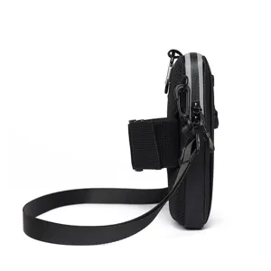 Sleek black sports arm bag and crossbody phone pouch shown from a clear side profile