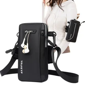 Unisex black sports arm and crossbody phone bag with headphone hole for running