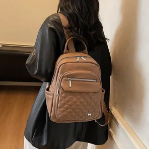 Women Fashion Backpack Korean Style Soft Nylon Rhombic Quilted Travel Backpack Minimalist Large Capacity Casual School Bag