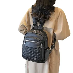 Stylish black soft leather quilted backpack for women minimalist casual travel daypack