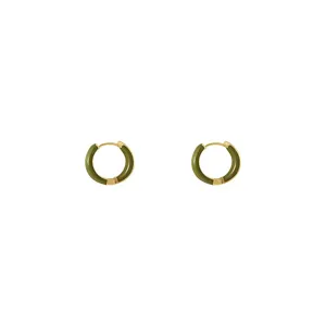 Vintage geometric hoop earrings with dark green enamel and gold finish