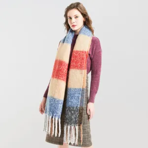 Bufanda de invierno a cuadros extragrande con borlas gruesas y textura de mohair