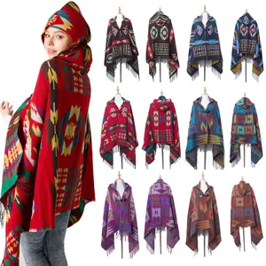 Damen Böhmisch Ethnisch Kapuzen-Poncho-Schal Imitations-Kaschmir Knebelknopf Quasten Geometrisch Jacquard Warmer Umhang