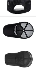 Close-up view of breathable black mesh baseball cap showing interior and back strap