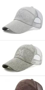 Detailed view of breathable linen mesh baseball caps for men available in grey and brown