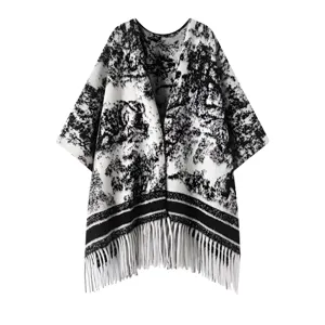 Poncho cape d'hiver chaud en imitation cachemire avec motif de peinture à l'encre