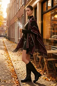Model wearing a bohemian ethnic style poncho with fringe details on a sunlit street