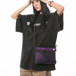 Japanese streetwear purple sacoche bag for men and women worn by an Asian model