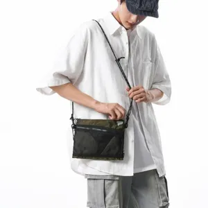 Japanese style workwear sacoche bag for men and women, olive green mesh crossbody
