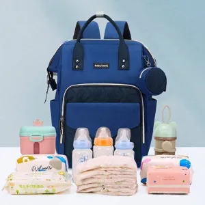 Elegante mochila para pañales de lona azul con gran capacidad para bebés y biberones