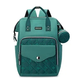 Elegante mochila pañalera de lona verde con bordados y bolsa lateral