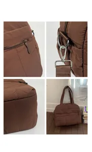 Detailed views of a large capacity brown nylon travel bag with silver hardware