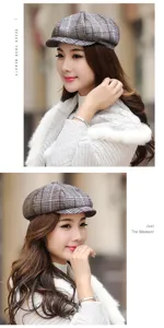 Detailed view of a stylish grey plaid newsboy hat for women's autumn and winter wear