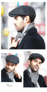 Detail view of a man wearing a grey plaid newsboy cap and matching scarf for winter.