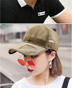 Detailed view of a tan breathable full mesh baseball cap worn for summer sun protection.
