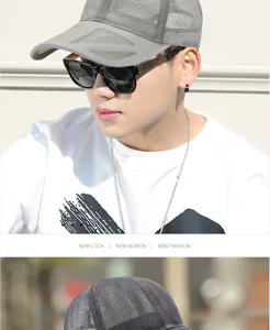 Macro detail of breathable grey full-mesh baseball cap for men's summer sun protection