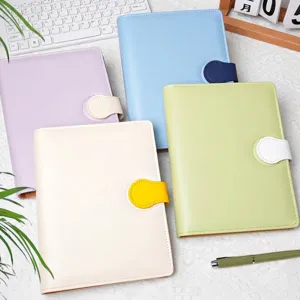 Stylish A5 Macaron colored leather notebooks with contrasting magnetic buckle closure