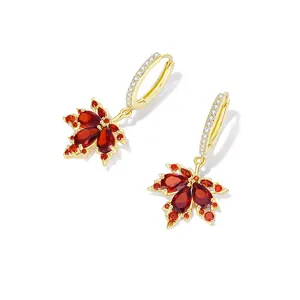 Elegant gold-plated hoop earrings featuring red crystal maple leaf charms for women