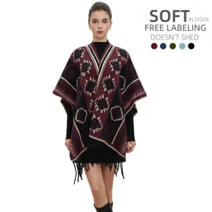 Women Bohemian Geometric Tassel Shawl Poncho Outerwear Retro Ethnic Fringe Open Front Cape Wrap For Travel Fall Winter