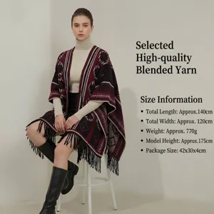 Women's bohemian ethnic style shawl wrap with black fringe and geometric pattern for autumn