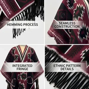 Bohemian ethnic style oversized shawl with geometric patterns and fringe detail