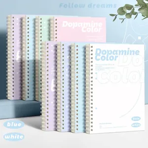 Detailed view of A5 spiral notebooks set in various pastel dopamine colors and designs