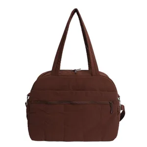 Large chocolate brown quilted tote bag for travel and gym use with long shoulder straps