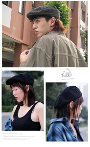 Detailed view of retro unisex corduroy beret hats in grey and black for autumn.