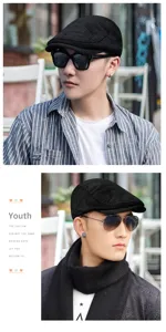 Model wearing a stylish black corduroy beret cap for autumn and winter fashion